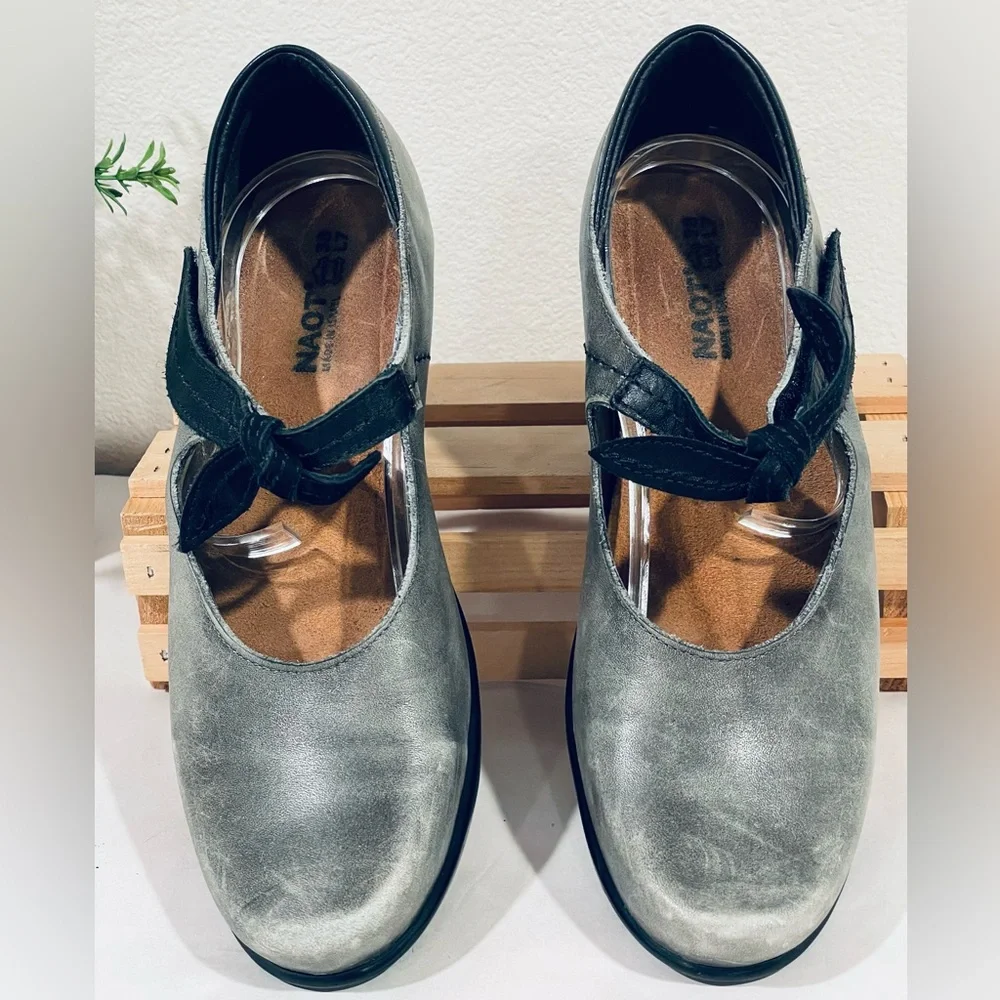 EUC Naot Gray Distressed Leather Clogs Heels Hook & Loop Faux Tie Strap Closure